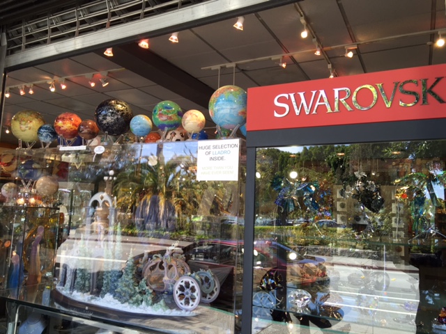 MOVA Globes displayed beautifully in Burlwood's storefront window.