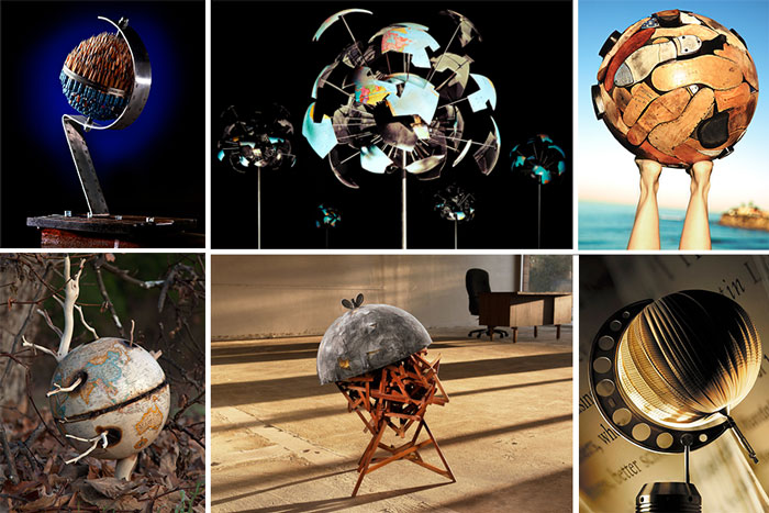 A collage of some of the globes in the 100 Worlds Project