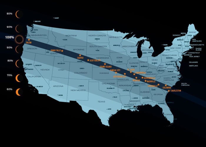 Map showing the solar eclipse path across the USA